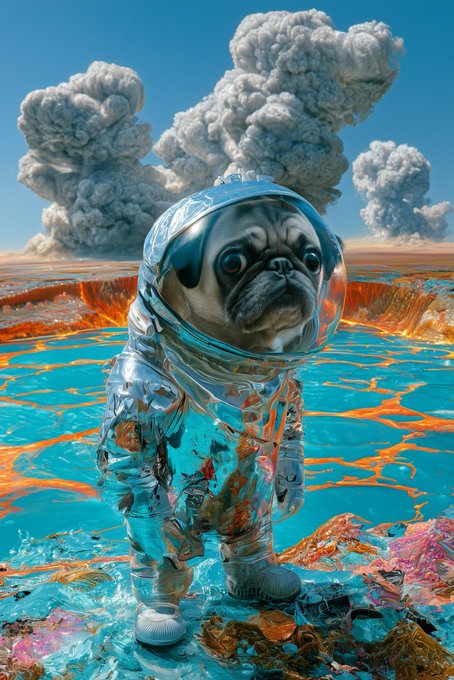 A surreal digital artwork depicting a pug wearing a silver astronaut suit standing in a vibrant turquoise and orange landscape beneath dramatic billowing smoke clouds.