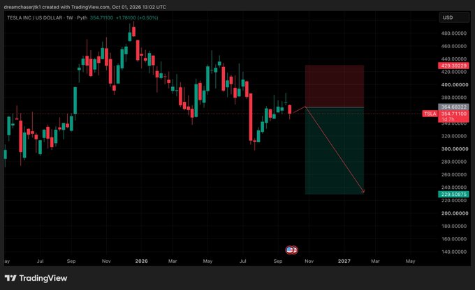 A TradingView weekly chart for TESLA INC / US DOLLAR showing a bearish price projection targeting $228.00, marked with a red shaded zone.