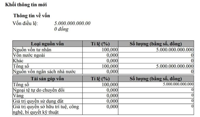 A Vietnamese document titled 'Khởi thông tin mới' displaying capital information showing charter capital of 5,000,000,000.00 VND, with 100% private capital (Nguồn vốn tư nhân).