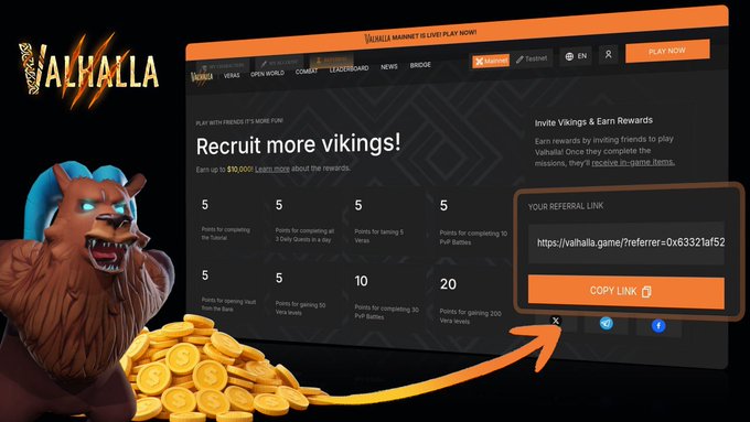 The image shows a Valhalla game's referral program page titled "Recruit more vikings!" which offers rewards like 10,000 Leets and various PvP Battle points for completing tasks, alongside a character illustration with a gold coin pile and a referral link (https://valhalla.game/?referrer=0x63321af52) with a "COPY LINK" button—directly illustrating the post's message about using referral links to earn early-game bonuses.