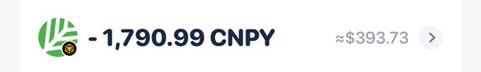 A financial display showing a transaction of -1,790.99 CNPY, converted to approximately $393.73, with a green logo on the left.