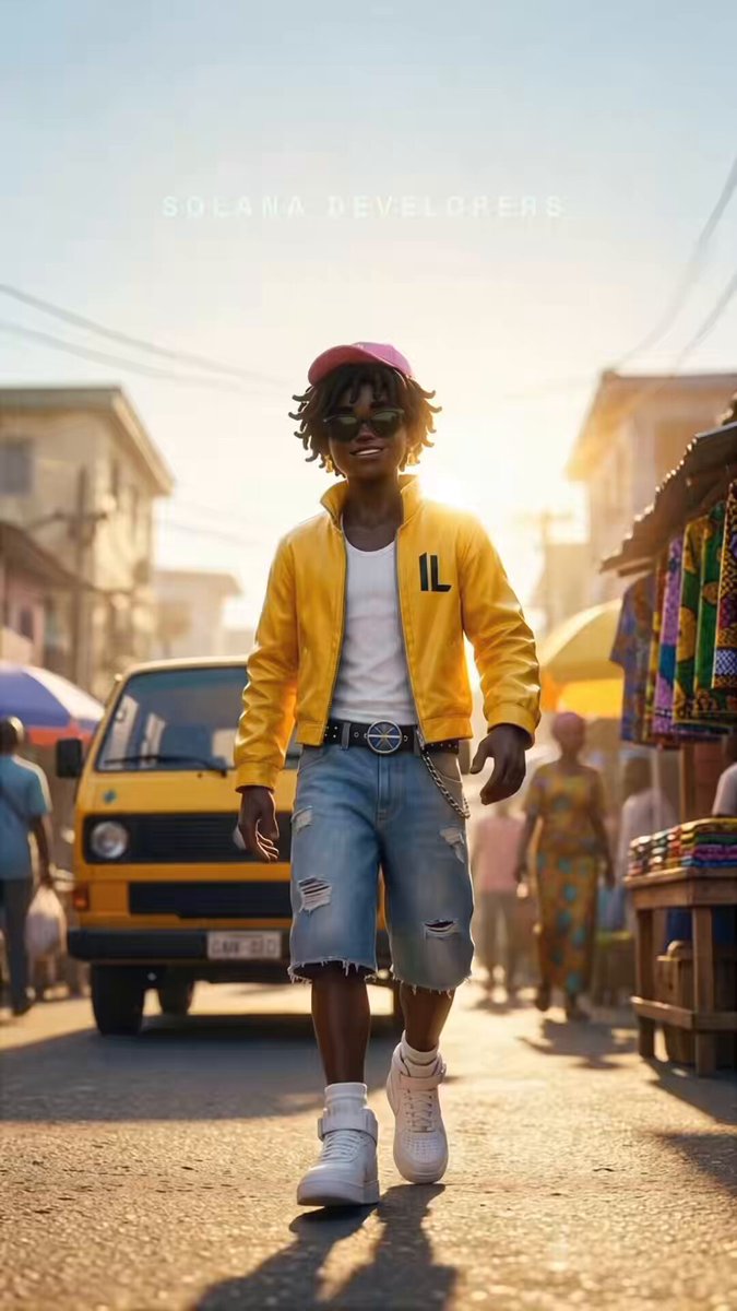 The image features a man walking down a street wearing a yellow jacket and blue jeans while carrying a backpack. The background of the photo shows an urban setting with several people, cars, and buildings. There are also two trucks visible in the scene - one on the left side and another further back to the right.