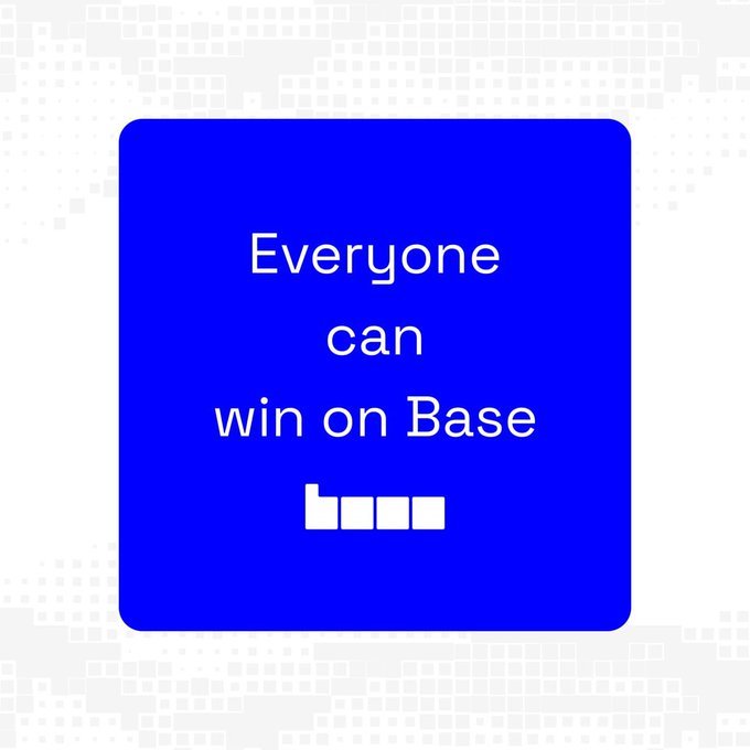 The image features a blue square with white text that reads "Everyone can win on Base". The background of the image consists of a grid pattern, which is predominantly white. The text stands out against this backdrop, making it easy for viewers to read and understand the message.