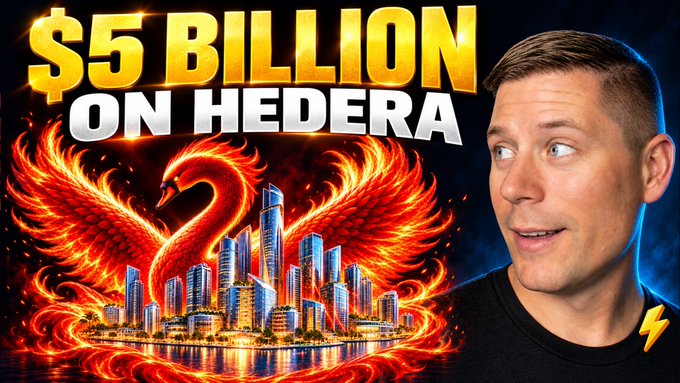 A dramatic thumbnail shows a man beside a fiery phoenix and city skyline, with large text reading “$5 BILLION ON HEDERA.”