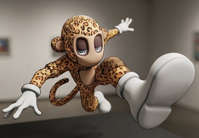 A cartoonish leopard-print character with large white sneakers leaps forward dynamically against a blurred gallery background, embodying the playful and collectible spirit of NFT digital art.