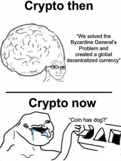 The image is a two-panel "Brainlet/Doomer" meme contrasting "Crypto then" — showing an intelligent brain figure claiming "We solved the Byzantine General's Problem and created a global decentralized currency" — with "Crypto now," depicting a drooling soyjak fixated on a coin asking "Coin has dog?" 

The meme satirizes the crypto space's shift from lofty ideals of solving distributed consensus problems to superficial meme-coin hype. It contrasts with the accompanying post's serious discussion of $BTC, $ETH, and Hyperliquid as substantive market drivers, highlighting the tension between crypto's idealistic origins and its current tendency toward speculative meme-driven trading.
