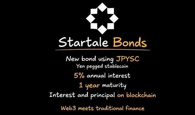 A promotional image for 'Startale Bonds' advertising a Yen-pegged stablecoin (JPYSC) offering 5% annual interest and 1-year maturity, with the tagline 'Web3 meets traditional finance.'