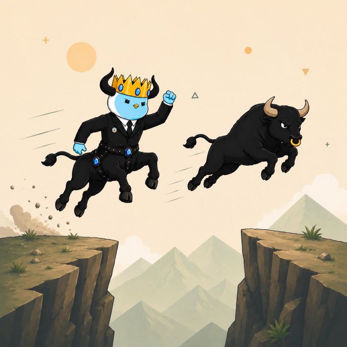 A cartoon bull wearing a crown and black outfit leaps across a cliff chasm, pursued by another charging bull, symbolizing the crypto market's bullish momentum referenced in the "$FERRE" airdrop announcement, where investors must "hold" the token to qualify—just like the king bull holding its ground mid-leap.