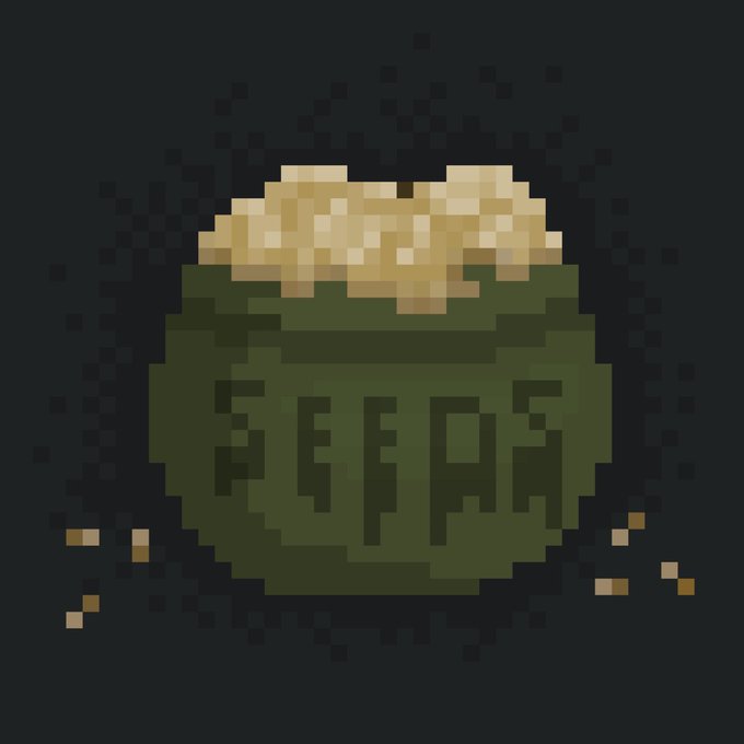 The image features a green pot filled with seeds, which appears to be a digital illustration or a pixel art style drawing. The pot has the word "seeds" written on it, indicating that it contains seeds. The pot is placed against a black background, making it stand out and emphasizing its presence in the scene.