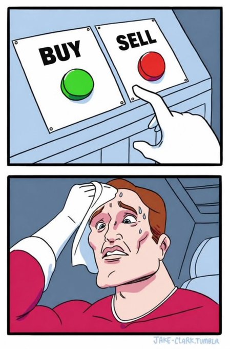 A two-panel comic by Jake Clark (@jake_clark.tumblr) showing a hand pressing a red 'SELL' button, with the bottom panel depicting a sweating, distressed man wiping his brow.