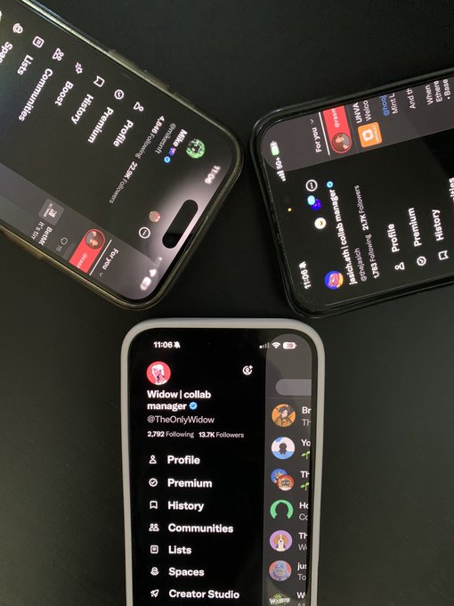 Three smartphones rest on a dark surface, all displaying X (formerly Twitter) profile pages for users "Widow | collab manager" (@TheOnlyWidow) and "MdAsLuh | collab manager" (@mdasluh), both showing 2.5K and 5.3K Connections respectively, illustrating an in-person meetup between X collaborators.