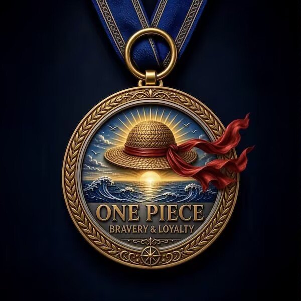 A gold medal on a blue ribbon features a straw hat over ocean waves at sunset with the text "ONE PIECE BRAVERY & LOYALTY" and a flowing red sash.