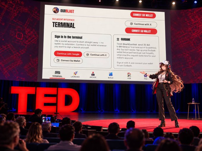 A TED Talk presentation featuring a virtual anime-style character on the red stage, with a large screen displaying a 'SUI AGENT INTERFACE' called 'OURBLAST' and options to connect a wallet.