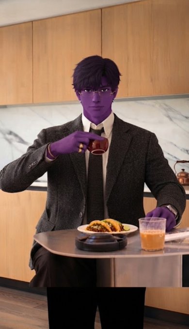 A purple-skinned man in a black suit and tie sits at a small round table in a modern kitchen, drinking from a glass while a plate of tacos and a glass of iced beverage sit before him.