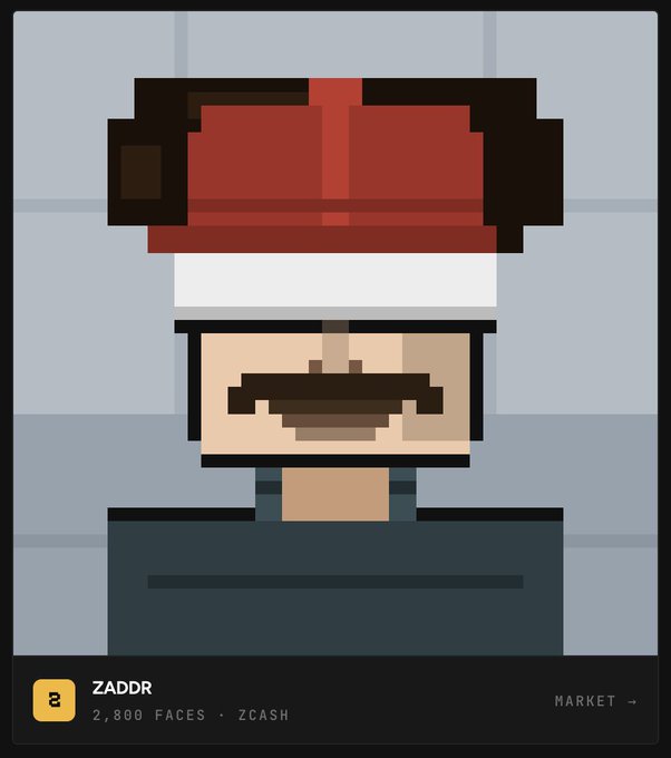 Pixel art character NFT on ZADDR marketplace (2,800 FACES · ZCASH) depicting a figure with a red cap, mustache, and dark shirt.