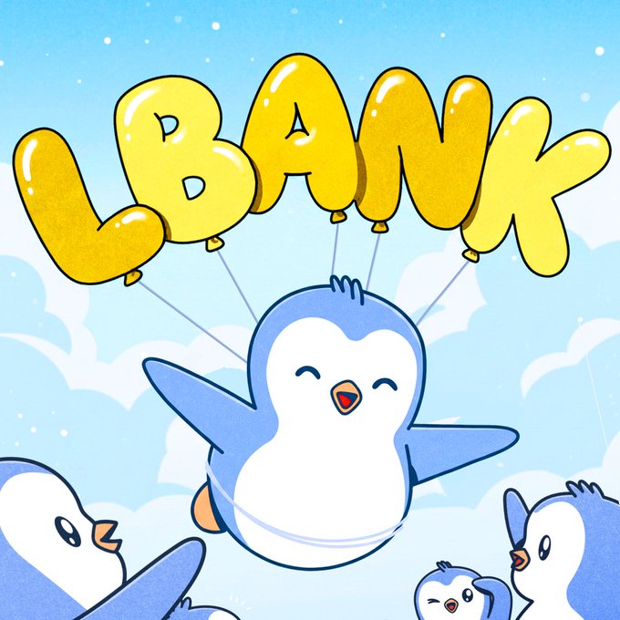 A cartoon illustration of a happy blue and white penguin floating in the sky holding yellow balloon letters spelling out 'LBANK'.