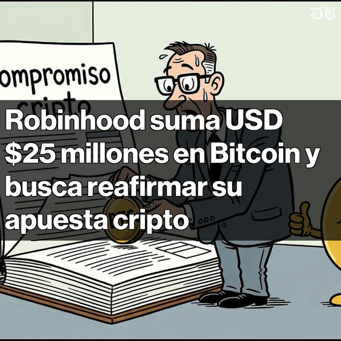 A cartoon illustration of a businessman sweating over documents with the Spanish headline 'Robinhood suma USD $25 millones en Bitcoin y busca reafirmar su apuesta cripto' and 'compromiso cripto' visible in the background.