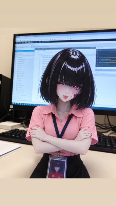 An anime-styled character with short black hair, one red eye, and a small smile stands with arms crossed in front of a computer monitor displaying code, wearing a pink polo shirt and an ID badge.