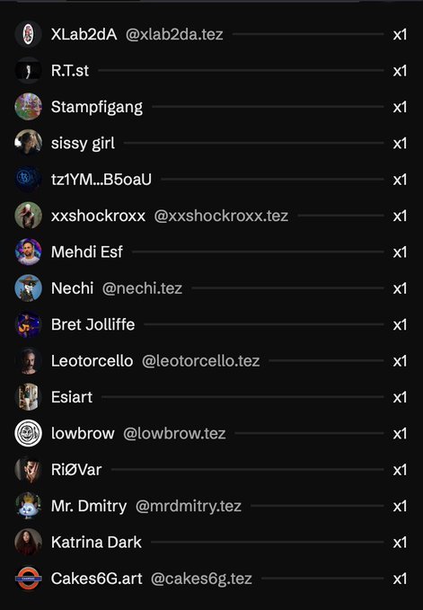 A list of collectors including XLab2dA, RT.st, Stampfigang, sissy girl, tz1YM...B5oaU, xxshockroxx, Mehdi Esf, Nechi, Bret Jolliffe, Leotorcello, Eslart, lowbrow, RlØVar, Mr. Dmitry, Katrina Dark, and Cakes6G.art, each marked with "x1". The image serves as a thank-you acknowledgment to all collectors who participated in the now-closed open edition.