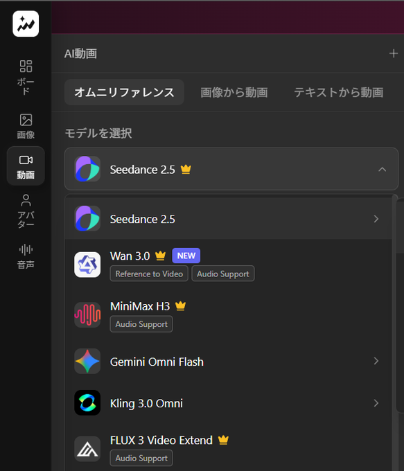 The image shows a model selection menu in an AI video generation interface (labeled "AI動画"), featuring options like Seedance 2.5 (marked as currently selected with a crown), Wan 3.0 (tagged "NEW" with "Reference to Video" and "Audio Support"), MiniMax H3, Gemini Omni Flash, Kling 3.0 Omni, and FLUX 3 Video Extend. This directly relates to the post, which highlights the addition of Seedance 2.5 to TopView along with the new Wan 3.0 model, both visible in the selection list for later comparison testing.
