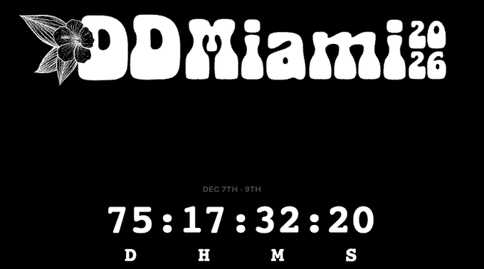 A black promotional graphic with white bubbly text reading 'DOMiamiz 2026', featuring a countdown timer showing '75:17:32:20' and dates 'DEC 7TH - 9TH'.