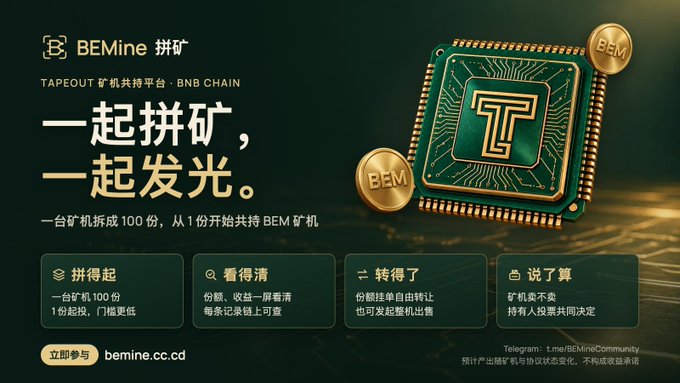 A promotional banner for BEMine (拼矿), a tapout mining rig co-ownership platform on BNB Chain, featuring a gold "T" circuit-board chip and BEM coins, with the tagline "一起拼矿，一起发光" (Mine together, shine together) and four feature highlights: affordable 1-share entry, transparent on-chain tracking, transferable shares, and investor-controlled decisions at bemine.cc.cd.