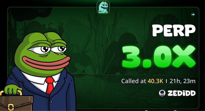 A Pepe the Frog character in a suit stands beside a promotional graphic for "PERP" showing a "3.0X" gain at "40.3K," credited to "@ZEDIDD," celebrating the token's recent 3x price surge after purchase as mentioned in the post.