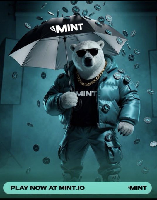 A promotional advertisement featuring an anthropomorphic polar bear wearing sunglasses, a gold chain, and a puffy jacket, holding an umbrella branded with the "MINT" logo, surrounded by floating coins and the tagline "PLAY NOW AT MINT.IO".