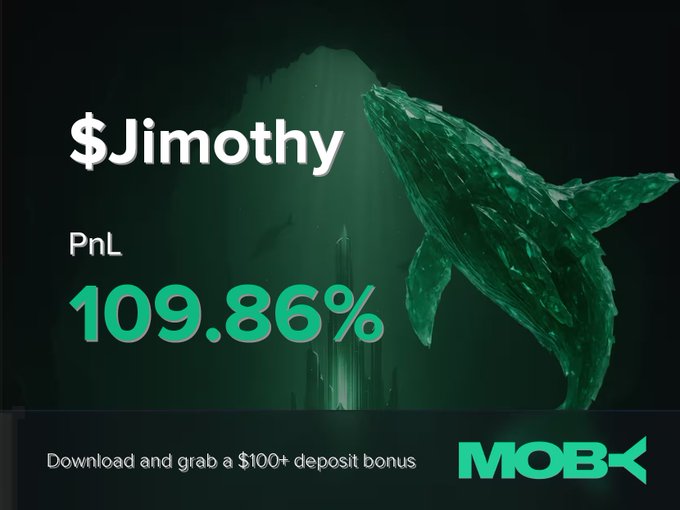 The image highlights a successful trade of $Jimothy on Moby Mobile, showing a PnL of 109.86% beside a large emerald whale graphic. It also promotes a $100+ deposit bonus for the Moby platform.