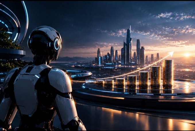 A humanoid robot overlooks a futuristic cityscape at sunset, with a glowing growth chart superimposed over stacks of coins.