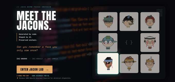 The image shows a promotional webpage for "Jacon Lab" featuring the tagline "MEET THE JACONS" with text describing them as Java-born faces "Generated by code, Shaped by AI, Preserved onchain," alongside a 3x3 grid of pixelated AI-generated character portraits on a dark code-themed background. The page promotes a "3 RUNS PER DAY, 100% ACCURACY FOR WL" giveaway with a button to "ENTER JACON LAB," which relates to the post's announcement of 7 guaranteed whitelist spots in partnership with the project.