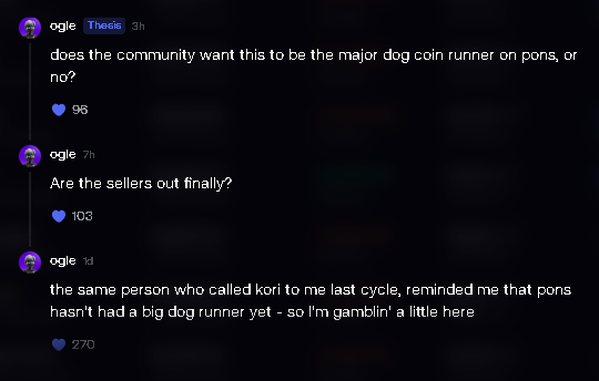 A Discord message thread from user 'ogle' discussing whether the community wants a coin to be the major 'dog coin' runner on 'pons,' with users voting on the posts (96, 103, 270 likes).