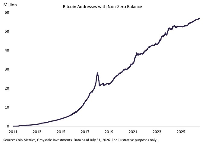 A line graph titled 'Bitcoin Addresses with Non-Zero Balance' showing growth from near 0 million in 2011 to roughly 57 million by 2026, sourced from Coin Metrics and Grayscale Investments as of July 31, 2026.