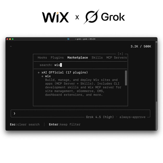 A promotional graphic showing a collaboration 'WiX x Grok', featuring a terminal window interface with a 'Marketplace' tab and a search for 'wix', highlighting 'xAI Official (17 plugins)' and 'Grok 4.5 (high)'.