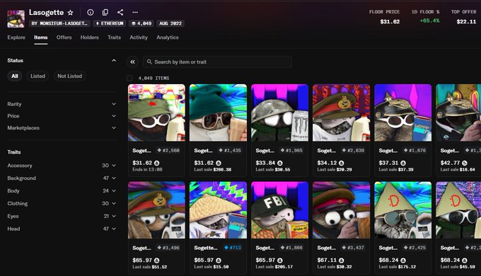 A screenshot of a NFT marketplace called 'Lasogette' showing a collection of 4,849 items featuring cartoon monkey characters with various hats and accessories, with a floor price of $31.62 and top offer of $22.11.