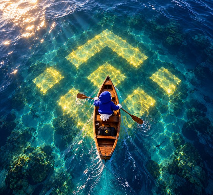 An overhead view of a person in a blue hooded outfit rowing a wooden boat across crystal-clear turquoise water, passing over a glowing yellow geometric pattern visible beneath the surface.