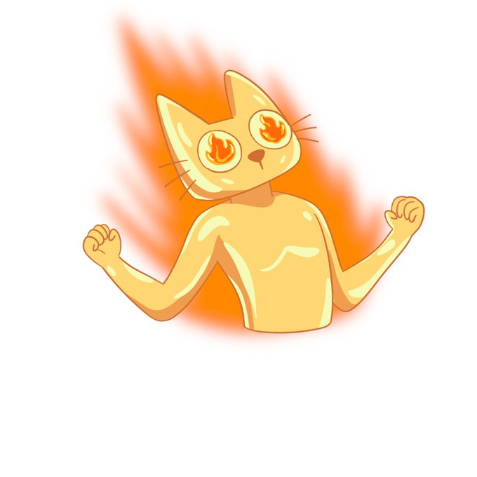 An illustrated orange cat with flame-like eyes and a fiery aura, depicted in a powerful pose with flexed arms.
