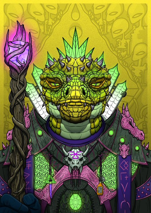 A vibrant illustration of a reptilian/lizard humanoid in spiked armor with a pink skull, holding a staff with a purple crystal, set against a yellow background covered in runic symbols.