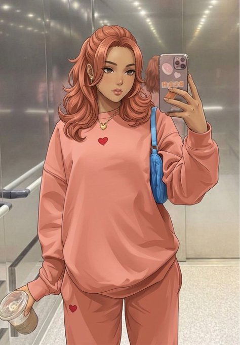 A stylized illustration shows a young woman with wavy coral-pink hair taking a mirror selfie in an elevator, wearing a matching pink sweatsuit accented with small red heart patches and a heart pendant necklace, while holding a coffee cup and a phone case that reads "HAGS" in gold lettering. The image's soft, aesthetic self-portrait vibe mirrors the post's tone of confident, bullish optimism toward Quip Network's long-term vision, presenting the narrator as stylishly "locked in" with the project's quantum-focused build.