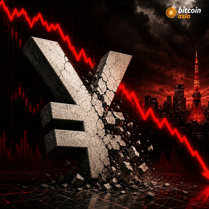 A crumbling stone Japanese Yen (¥) symbol shatters amid a red downward-trending chart against a dark Tokyo skyline featuring Tokyo Tower, visually representing the Yen's historic decline to 161.949 against the U.S. Dollar. The "Bitcoin Asia" logo appears in the top right corner, tying the imagery to the "#Bitcoin fixes this" narrative as a potential alternative to fiat currency weakness.