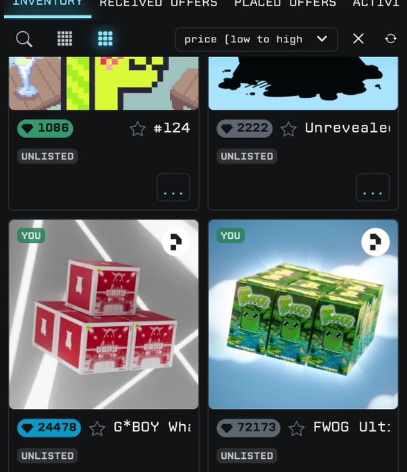 An NFT inventory screen showing pixel art items and collectibles, including "G*BOY Whit..." (24,478 likes) and "FWOG Ult..." (72,173 likes), sorted by price low to high.