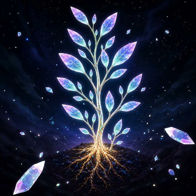A glowing crystalline plant with iridescent, gem-like leaves emerges from a rocky mound, its golden roots extending into dark soil against a starry night sky, with scattered floating crystal shards enhancing the magical aesthetic—visually echoing the ethereal, collectible nature of the "Sprout NFT" promoted for play in the "spirit-clicker.io" game.