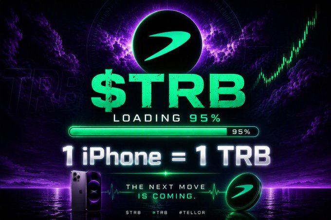 A promotional graphic featuring a green logo with the ticker '$TRB' and 'LOADING 95%' on a progress bar, with text '1 iPhone = 1 TRB' and 'THE NEXT MOVE IS COMING' alongside hashtags '#TRB #TELLOR'.