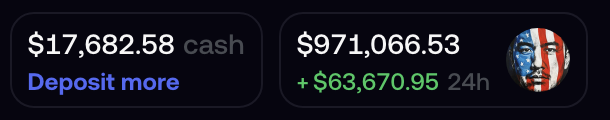 A Coinbase balance screenshot showing $17,682.58 cash available to deposit and $971,066.53 total in holdings with a +$63,670.95 24h gain, alongside an American flag face meme image—poking fun at being an "ape" ready to throw a large stack into a long-term memecoin community rather than chasing quick rugs.