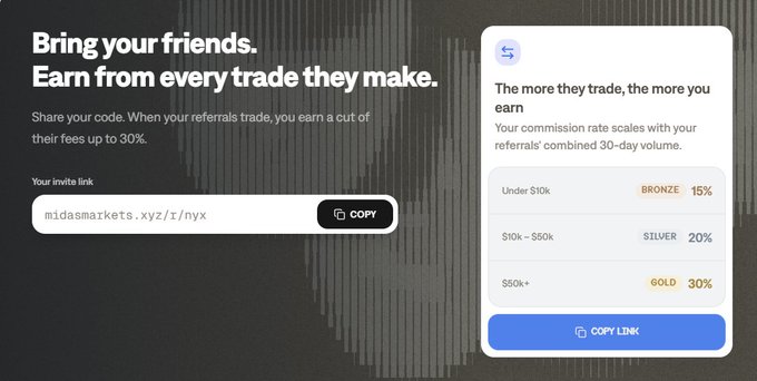 A referral program webpage for Midas Markets stating 'Bring your friends. Earn from every trade they make,' with a 30% commission offer and referral link 'midasmarkets.xyz/r/nyx'.