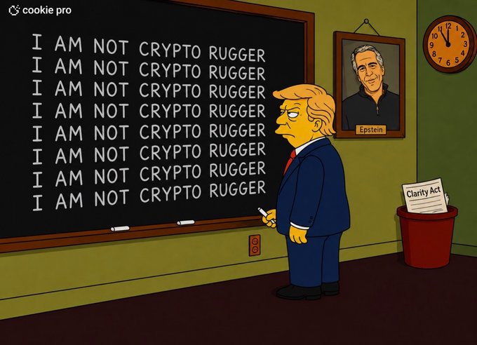 A Simpsons-style cartoon depicts a Trump caricature writing "I AM NOT CRYPTO RUGGER" repeatedly on a chalkboard eight times, with an "Epstein" portrait on the wall and a "Clarity Act" paper tossed in a trash bin. The satirical image playfully defends Trump from crypto community blame, aligning with the post's argument that his 2026 crypto moments actually rallied the market rather than causing dumps.