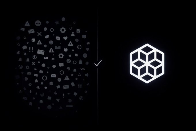 A dark graphic showing a cluster of small white app/symbol icons on the left transitioning with a checkmark into a glowing white geometric cube/hexagon logo on the right.