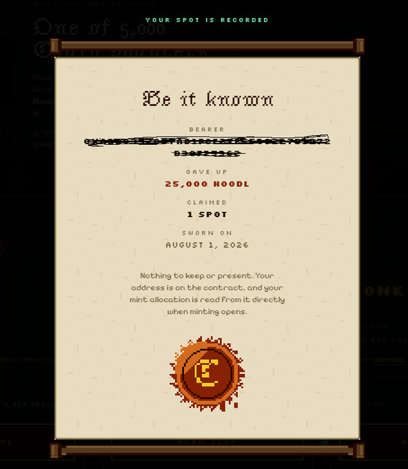 A digital certificate reading 'Be it known' showing a giveaway of up to 25,000 HOODL claimed 1 spot, sworn on August 1, 2026, with redacted bearer information and a pixel coin logo.