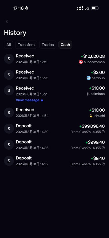 A mobile screenshot of a "History" page showing a "Cash" transaction log on the FOMO app, displaying a recent "Received" payment of "+$10,620.08" from "superwomen" on 2026年8月31日 17:12, alongside several other received and deposit transactions. The image appears to be evidence supporting the user's claim that someone accidentally transferred $10,000+ to them by mistake.