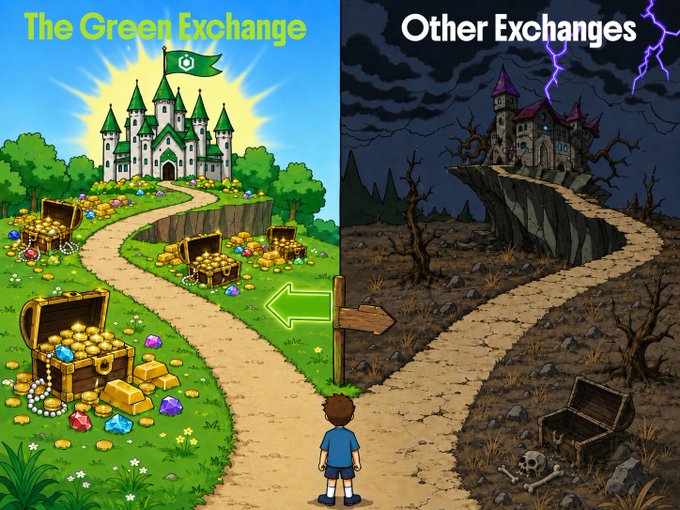 A split-path illustration shows a boy choosing between "The Green Exchange," a vibrant castle filled with treasure chests and gems, and "Other Exchanges," a dark, desolate wasteland with a stormy, abandoned fortress. The image visually reinforces the post's call to action for a $500 giveaway, positioning "The Green Exchange" as the rewarding choice for participants who like, repost, and tag "@ourbit."